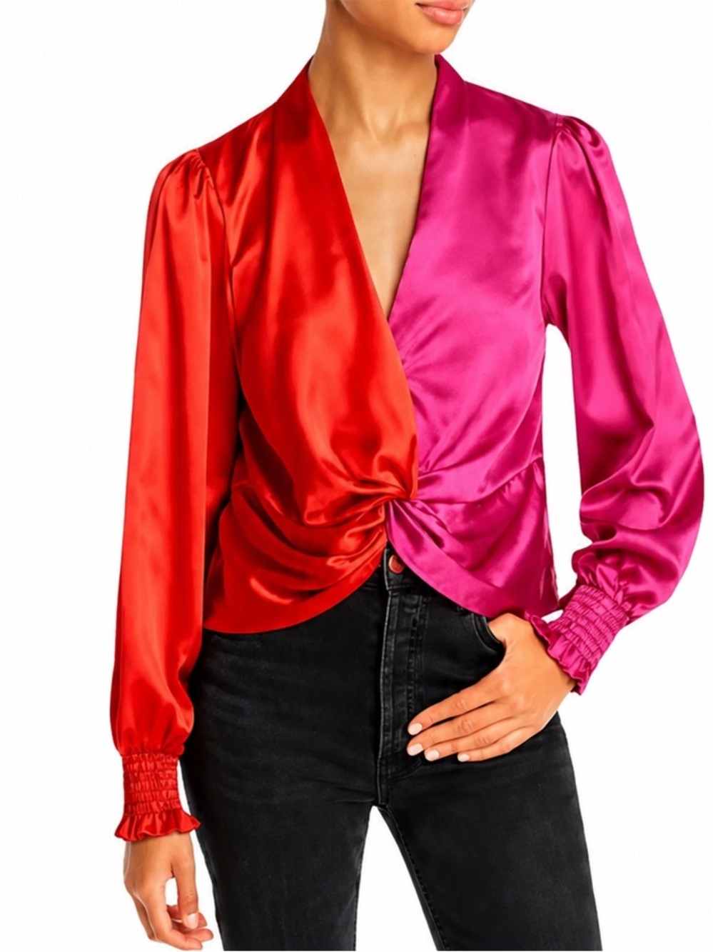 NWOT AQUA pink and orange colorblock twist front long sleeve blouse small NEW